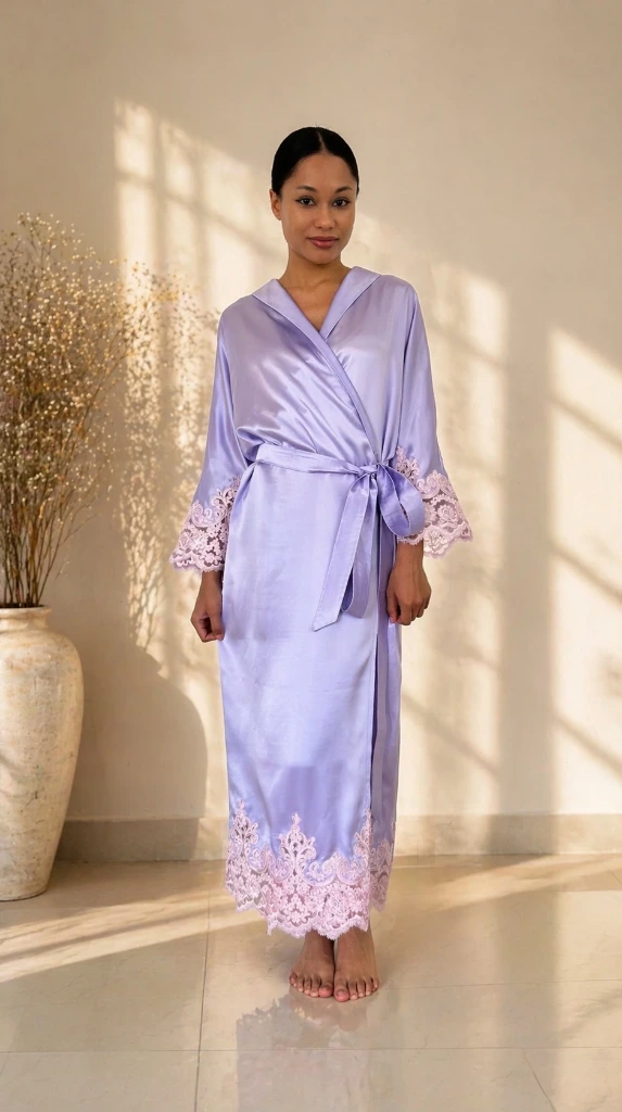 Kimono en soie long Lilas (XS)